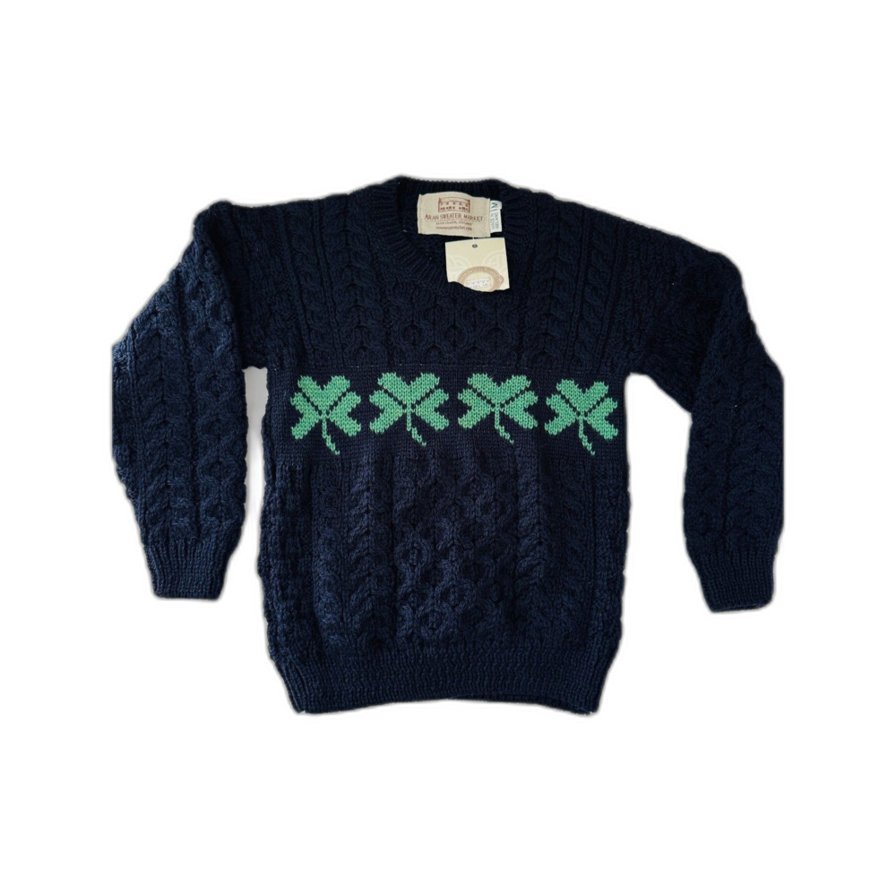 NWT Aran Sweater Market Sweater Boys M Knit Navy Blue Shamrock Graphic